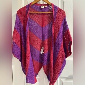 Roxy Crochet Knit Cardigan Pink Purple Chevron | Lightweight Beach Cover Up S